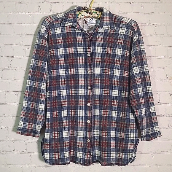 Vintage Tops - Vintage 80s Waffle Knit Blue Red Plaid Flannel Button Front Shirt Womens Small
